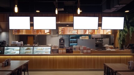 A modern café interior featuring a counter, display case, and blank digital menu boards.