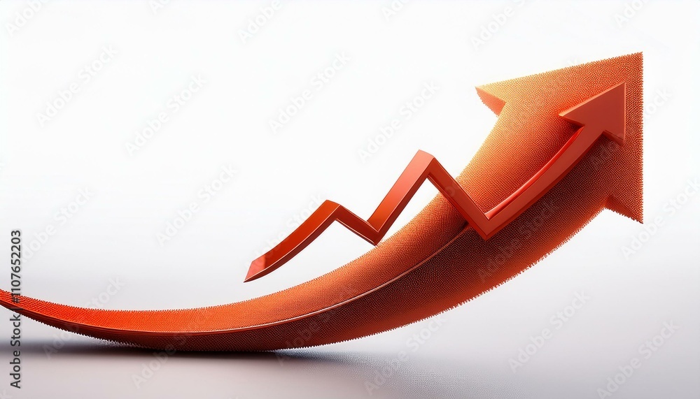 Poster curved graph with arrow moving up on isolated white background