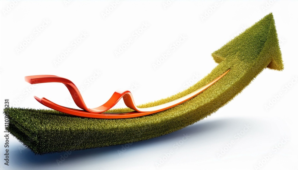 Poster curved graph with arrow moving up on isolated white background