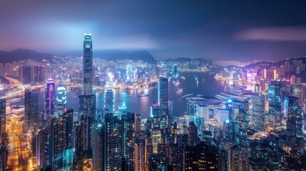 Fototapeta premium A dynamic urban landscape at night with brightly lit skyscrapers and bustling streets, showcasing a fusion of modern energy and vibrant lights