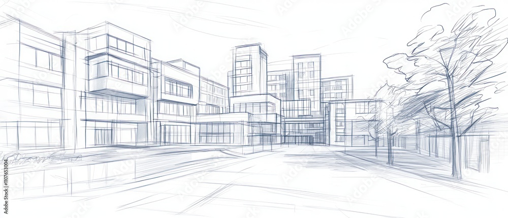 Poster a sketch of a modern architectural building complex with multiple structures and trees.