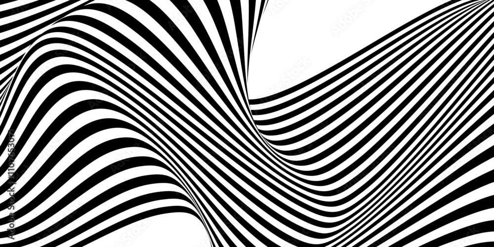 Poster dynamic black and white wavy lines create an abstract visual pattern
