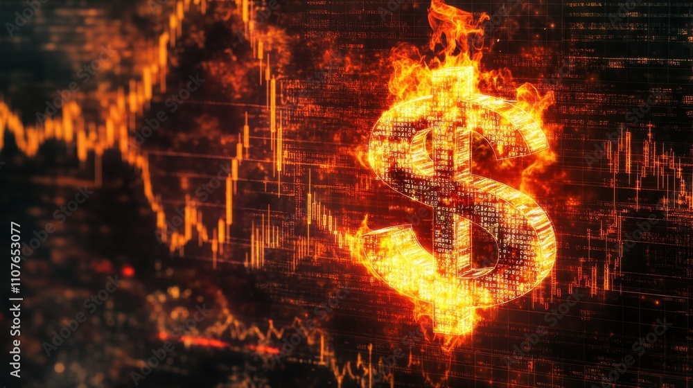 Poster a flame in the shape of a digital dollar sign, illuminated against a background of stock charts and 