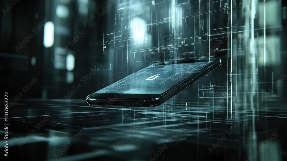 Poster a smartphone appears to float in a digital, futuristic environment, symbolizing technology.