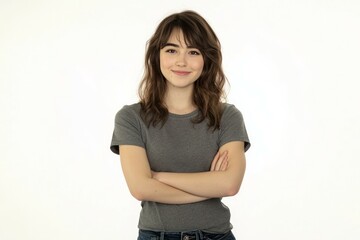 Fototapeta premium Happy young woman standing with her arms crossed isolated a white background