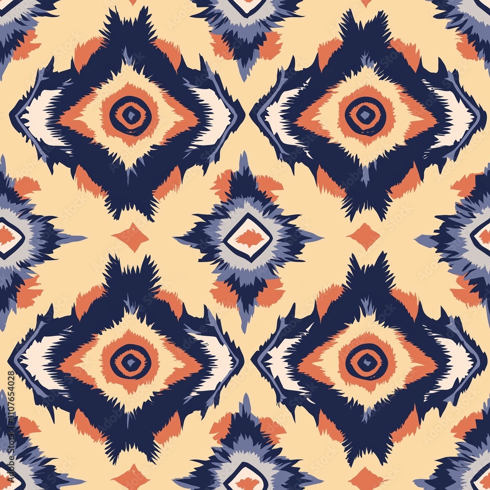 Poster vibrant geometric pattern featuring abstract eye shapes in warm tones on a soft background