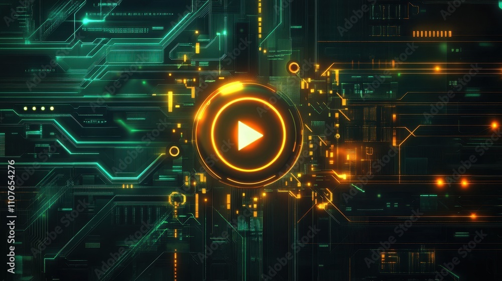 Poster a glowing digital circuit board featuring a prominent pause button symbol, representing a pause in c