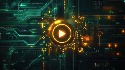 A glowing digital circuit board featuring a prominent pause button symbol, representing a pause in cloud computing or data storage technology