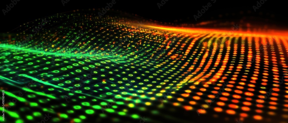 Poster abstract digital landscape with vibrant binary patterns in green and orange hues.