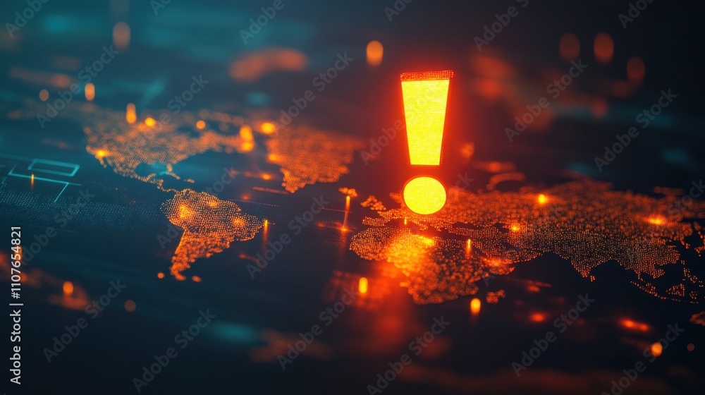 Fototapete a glowing exclamation mark positioned in front of a world map with visible trade routes, symbolizing