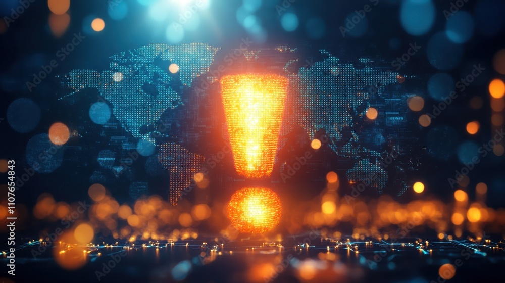 Fototapete a glowing exclamation mark positioned in front of a world map with visible trade routes, symbolizing