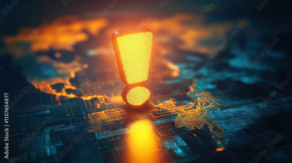 Fototapete a glowing exclamation mark positioned in front of a world map with visible trade routes, symbolizing