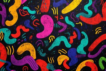 Retro 80s-inspired pattern with neon shapes and squiggles wave background