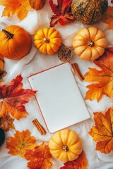 Fototapeta premium Notepad surrounded by autumn leaves and pumpkins