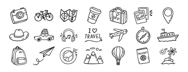 travel doodle hand drawn icon set. Outline drawing travel tourism line clipart symbols