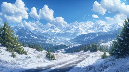Cartoon illustration with snow covered road in winter against forest and mountains background. Anime style background concept.