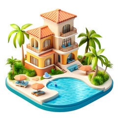 Obraz premium Isometric view of a luxury villa with pool and palm trees.