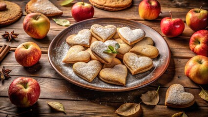 Sweet heart shaped cookies dusted with powdered sugar and arranged on a rustic wooden table with apples and autumn leaves