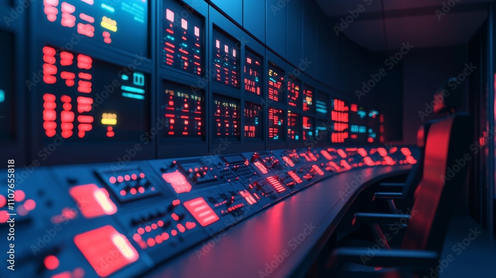 Aufkleber a futuristic control room with illuminated panels and buttons, showcasing a blend of blue and red li