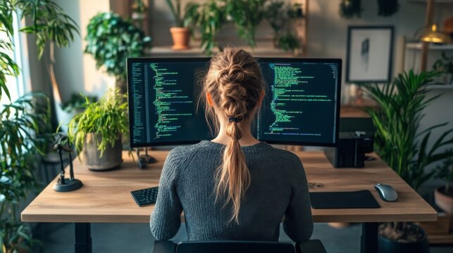 A woman sits at a desk in a contemporary office, coding on dual screens surrounded by vibrant green plants. She focuses intently on her work, with a relaxed and productive atmosphere.