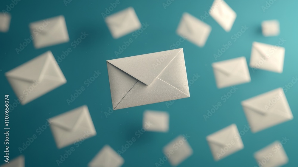 Poster a collection of floating envelopes against a blue background, symbolizing communication and digital 