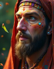 an eleventh century Sufi with very smooth facial features, mystic, red yellow green purple orange blue colors, lights and rays, colorful agate stones, falling green leaves, three-dimensional vivid