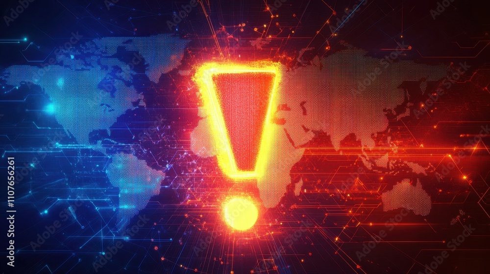 Poster a luminous exclamation mark over a global business map with dynamic lines and glowing points represe
