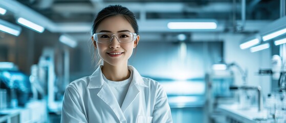 Fototapeta premium Confident female Chinese lab engineer in modern laboratory setting