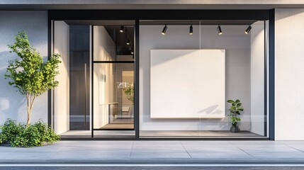 Concept of a storefront with visuals of sleek, modern architecture, professional signage, and clean design for business use