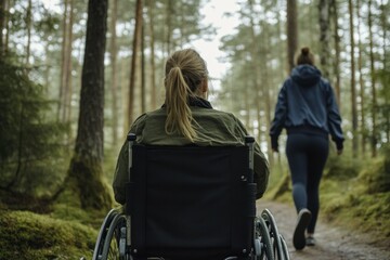 Adult woman in wheelchair on a walk in the forest with friends and family
