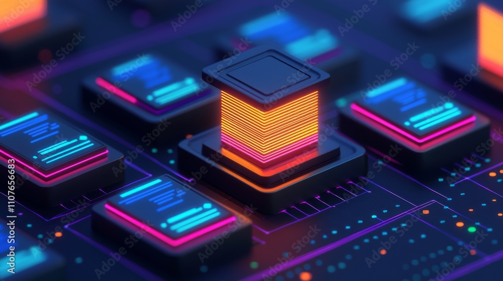 Poster a vibrant, futuristic digital circuit board featuring illuminated microchips with a central, glowing