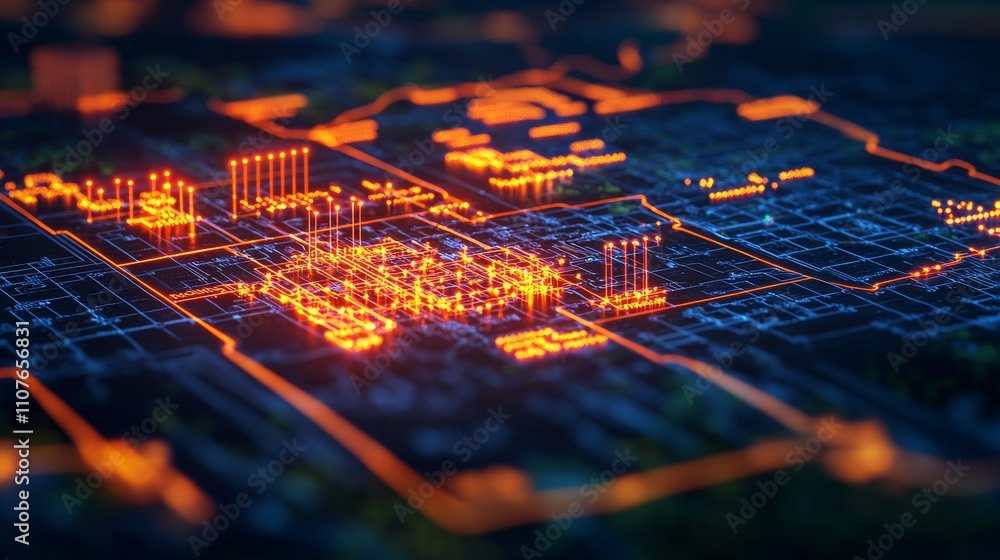 Poster a vibrant, digital representation of a city grid, illuminated with neon colors, showcasing interconn