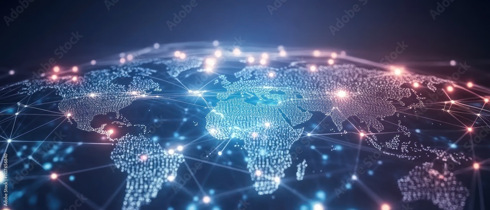 Poster digital representation of a connected world with network nodes and lines.