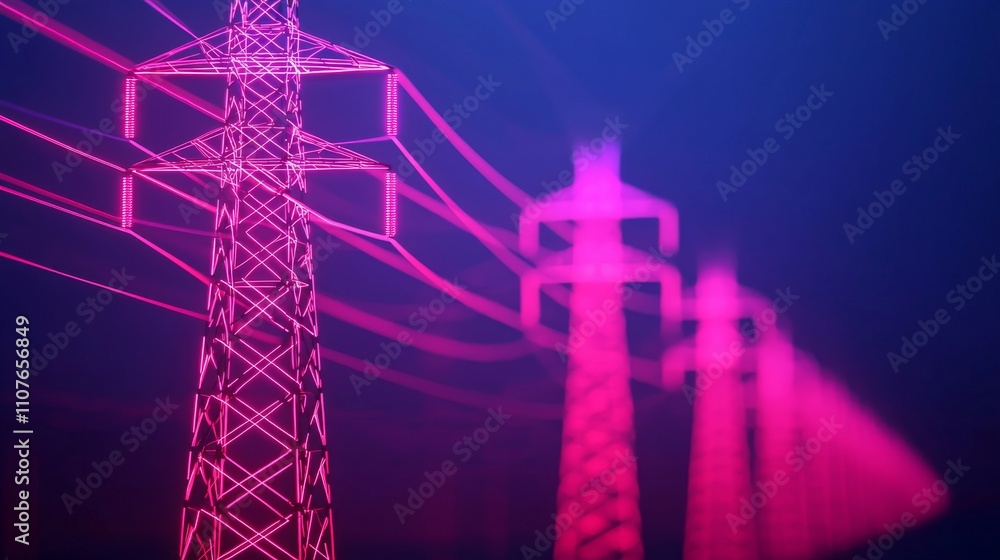 Aufkleber a vibrant depiction of power lines illuminated in pink light, creating a striking visual against a d