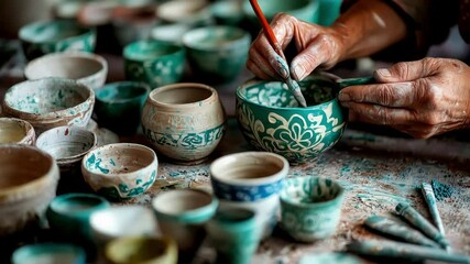 Artisan painting intricate designs on pottery