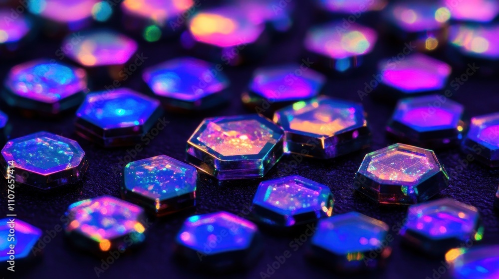 Poster a close-up of shimmering hexagonal gems with vibrant colors and reflections.