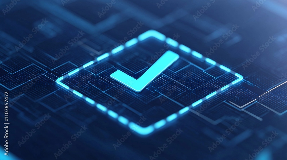 Aufkleber a glowing blue check mark within a digital square, symbolizing success or completion in a high-tech 