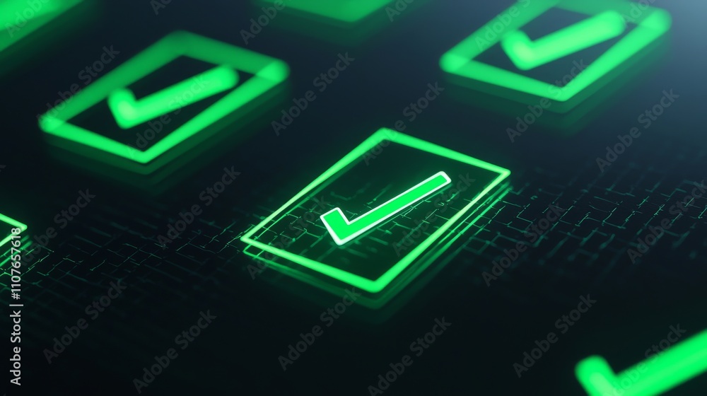 Aufkleber a close-up of glowing green checkboxes, symbolizing completion and approval in a digital interface.