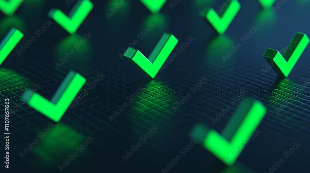 Poster a series of glowing green check marks arranged in a row, symbolizing approval, success, or validatio