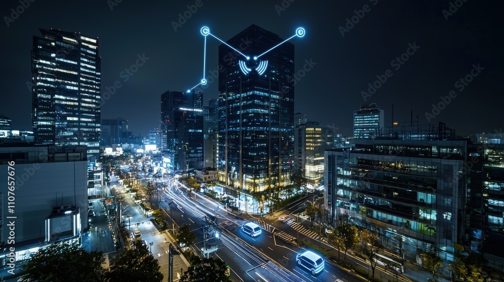 Poster high-angle view of a futuristic cityscape at night featuring glowing network signals and urban tech 
