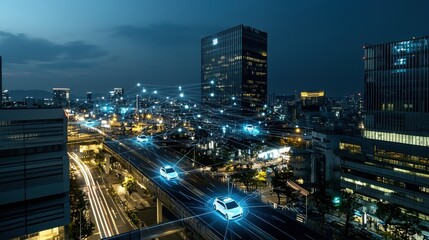 Obraz premium Futuristic cityscape with network signals urban environment night view technology concept dynamic transport systems