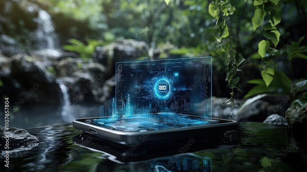 Poster futuristic holographic screen displaying mobile payment in a serene natural setting outdoor technolo