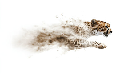 Obraz premium motion concept shown on artistic grahic with fast moving, mid-joumping cheetah partly blurred isolated over white background