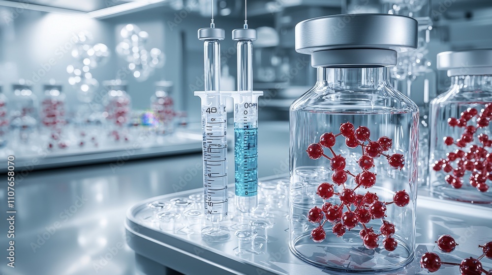 Poster Futuristic visualization of vaccine molecules in a high-tech lab close-up of molecular structure