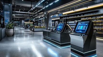 Fototapeta premium Futuristic grocery store experience with digital price tags urban location modern retail environment high-tech concept