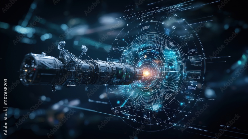 Fototapete exploring advanced space technology satellite data interface digital universe futuristic environment