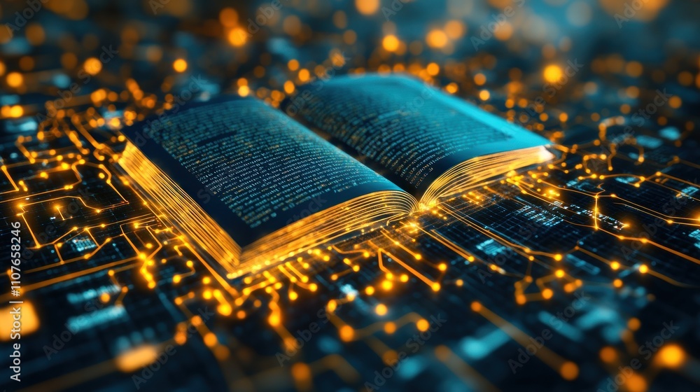 Poster an open book surrounded by glowing circuitry, symbolizing knowledge and technology integration.