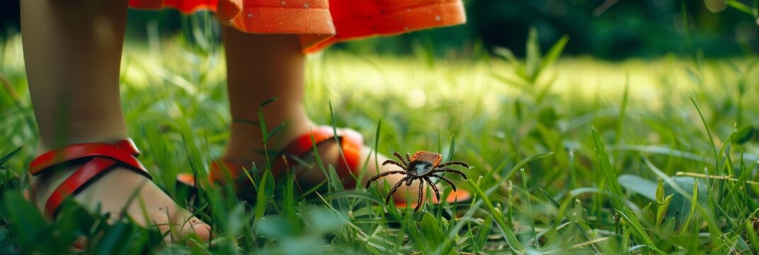Child legs on grass and dangerous deer tick closeup banner with copy space, ixodes Ricinus, parasite