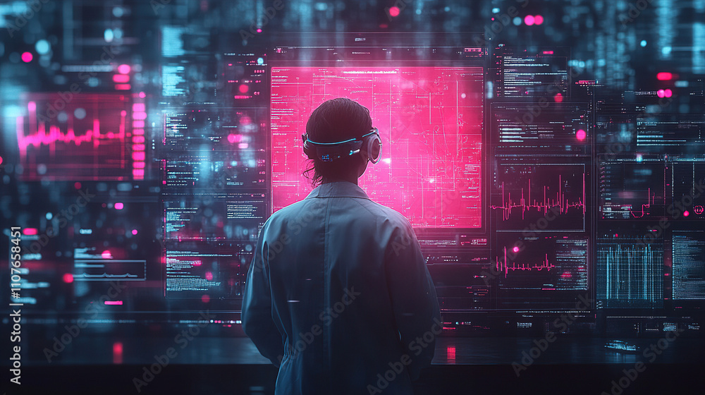 Aufkleber scientist observes data on futuristic screens in a high-tech laboratory at night. generative ai
