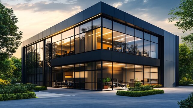 Concept of a small office building with visuals of sleek design elements, efficient use of space, and professional features for business use